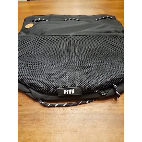 Victoria's Secret PINK Drawstring Bag Backpack Carry On Adjustable Mesh Black - Picture 2 of 9